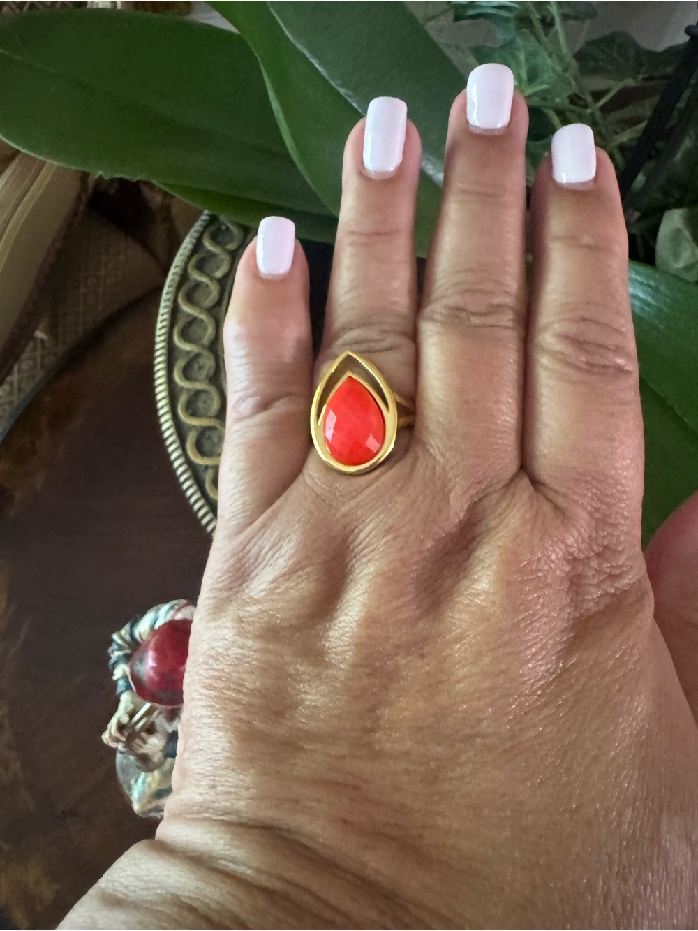 Gold Teardrop Ring with Coral Stone - Women's Fashion Ring